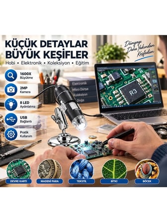 Luve Store 1600X USB Dijital Mikroskop 2MP Kamera 8 LED Işıklı Ayarlanabilir Metal Standlı