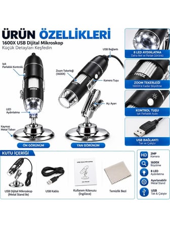 Luve Store 1600X USB Dijital Mikroskop 2MP Kamera 8 LED Işıklı Ayarlanabilir Metal Standlı