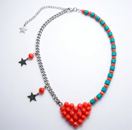 MK Design Jewelry Turquaz ve Mercan Rengi Kalpli Kolye