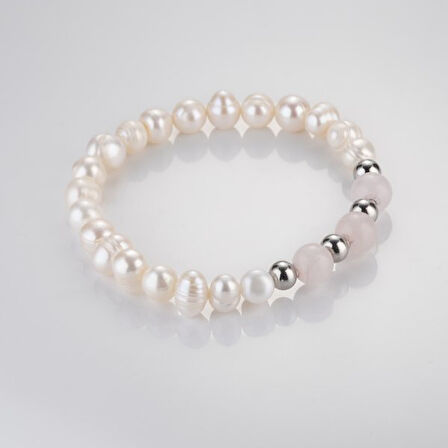 MK TASARIM Gerçek İnci Pembe Kuvars Taşı Bileklik MKT.1.10001.3