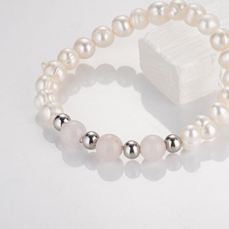 MK TASARIM Gerçek İnci Pembe Kuvars Taşı Bileklik MKT.1.10001.3
