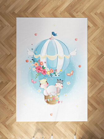 MEKTA HOME BEBEK VE ÇOCUK ODASI Fil ve Çiçekli Uçan Balon Desenli Halı