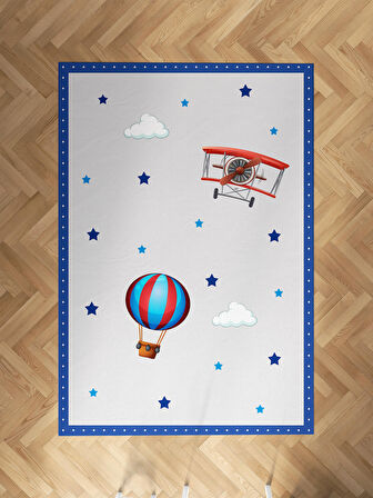 MEKTA HOME BEBEK VE ÇOCUK ODASI Uçak ve Uçan Balon Desenli Halı