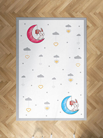 MEKTA HOME BEBEK VE ÇOCUK ODASI Renkli Ay ve Tavşan Desenli Halı