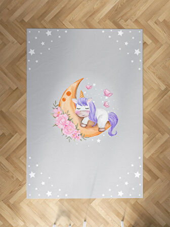 MEKTA HOME BEBEK VE ÇOCUK ODASI Aya Sarılan Unicorn Desenli Gri Halı