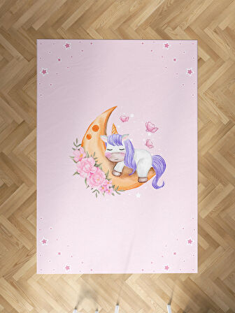 MEKTA HOME BEBEK VE ÇOCUK ODASI Aya Sarılan Unicorn Desenli Pembe Halı