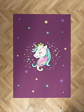 MEKTA HOME BEBEK VE ÇOCUK ODASI Renkli Unicorn Desenli Mor Halı