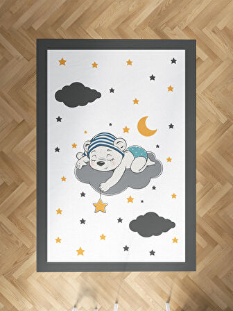 MEKTA HOME BEBEK VE ÇOCUK ODASI Sevimli Mavi Uyuyan Ayı Desenli Halı