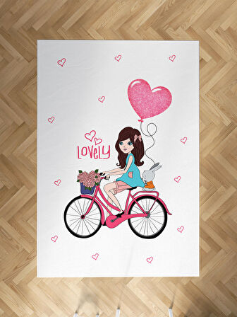 MEKTA HOME BEBEK VE ÇOCUK ODASI Bisikletli Kız ve Kalpli Balon Desenli Halı