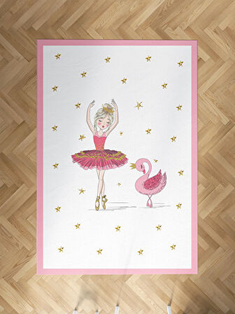 MEKTA HOME BEBEK VE ÇOCUK ODASI Pembe Balerin Ve Kuğu Desenli Halı