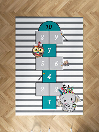 MEKTA HOME BEBEK VE ÇOCUK ODASI Kızılderili Filli ve Seksek Desenli Halı