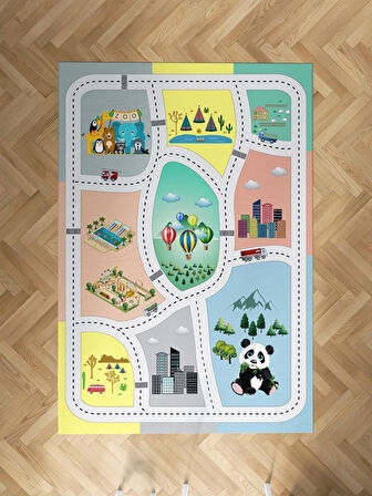 MEKTA HOME BEBEK VE ÇOCUK ODASI Hayvan Ağaç ve Yol Figür Desenli Halı