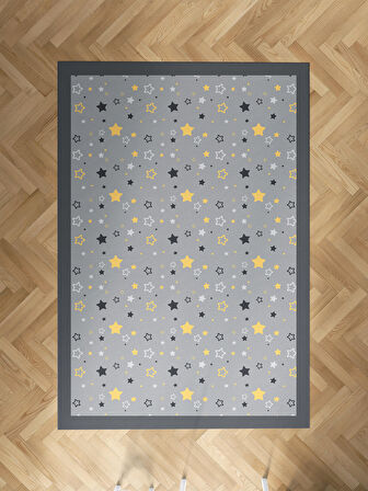 MEKTA HOME BEBEK VE ÇOCUK ODASI Gri Sarı Yıldız Desenli Halı