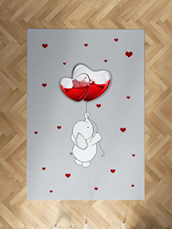 MEKTA HOME BEBEK VE ÇOCUK ODASI Fil ve Kalpli Balon Desenli Halı