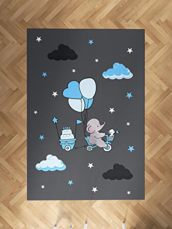 MEKTA HOME BEBEK VE ÇOCUK ODASI Yeşil Balonlu ve Bisikletli Fil Desenli  Halı