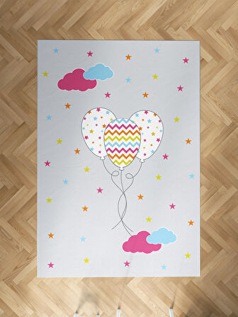 MEKTA HOME BEBEK VE ÇOCUK ODASI Renkli Bulutlu ve Balon Desenli Halı