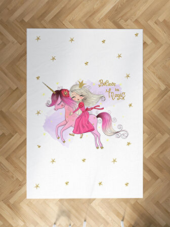 MEKTA HOME BEBEK VE ÇOCUK ODASI Unicorn Üzerinde Prenses Kız Desenli Halı