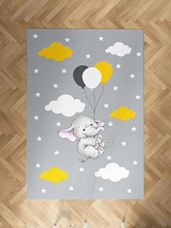 MEKTA HOME BEBEK VE ÇOCUK ODASI Tatlı Fil ve 3 Balon Desenli Halı