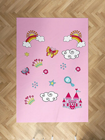 MEKTA HOME BEBEK VE ÇOCUK ODASI Gökkuşağı ve Bulut Desenli Pembe Halı