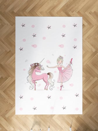 MEKTA HOME BEBEK VE ÇOCUK ODASI Balerin ve Unicorn Kız Desenli Pembe Halı