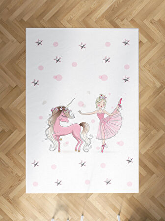 MEKTA HOME BEBEK VE ÇOCUK ODASI Balerin ve Unicorn Kız Desenli Pembe Halı