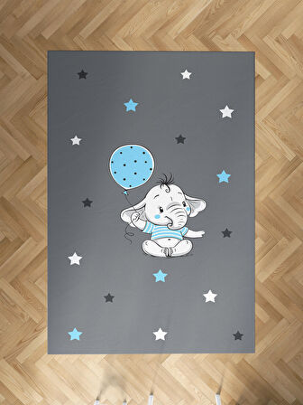 MEKTA HOME BEBEK VE ÇOCUK ODASI Açık Mavi Filli Balonlu Halı