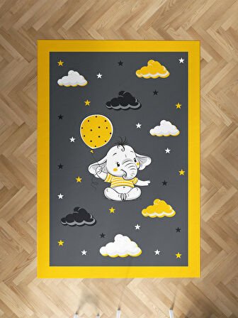 MEKTA HOME BEBEK VE ÇOCUK ODASI Sarı Filli Balon Çerçeveli Halı