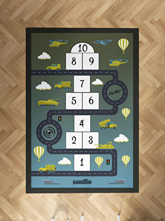 MEKTA HOME BEBEK VE ÇOCUK ODASI Askeri Araç ve Seksek Desenli Halı