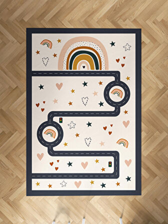 MEKTA HOME BEBEK VE ÇOCUK ODASI Soft Gökkuşağı ve Yol Desenli Halı