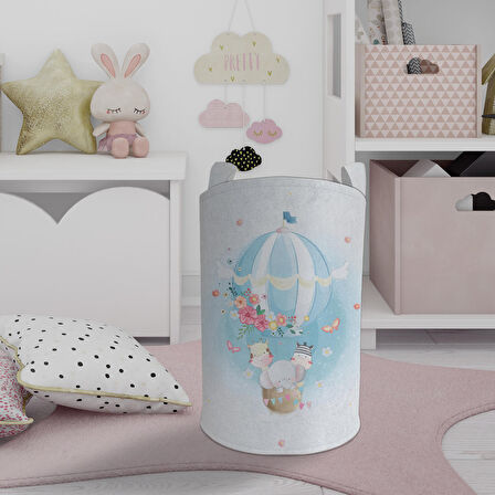 MEKTA HOME BEBEK VE ÇOCUK ODASI Fil ve Çiçekli Uçan Balon Desenli Oyuncak Sepeti