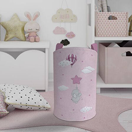 MEKTA HOME BEBEK VE ÇOCUK ODASI Pembe Yıldızlı Fil Desenli Oyuncak Sepeti