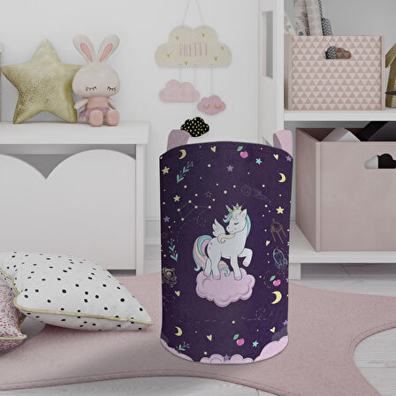 MEKTA HOME BEBEK VE ÇOCUK ODASI Pembe Bulut Üzerinde Unicorn Desenli Mor Oyuncak Sepeti