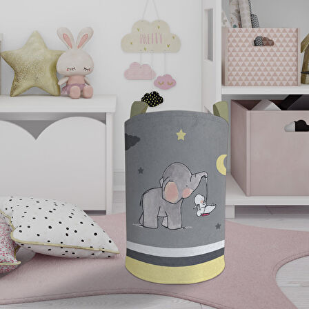 MEKTA HOME BEBEK VE ÇOCUK ODASI Fil ve Tavşan Desenli Gri Oyuncak Sepeti