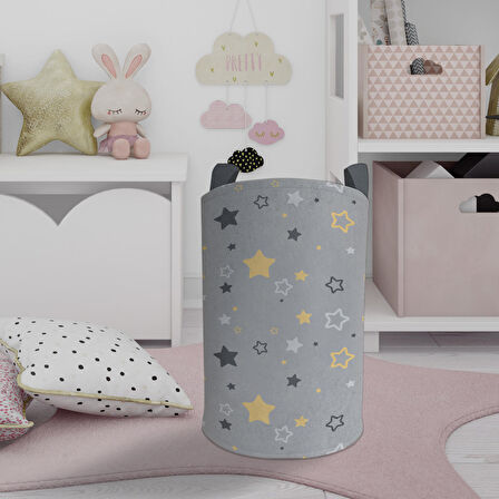 MEKTA HOME BEBEK VE ÇOCUK ODASI Gri Sarı Yıldız Desenli Oyuncak Sepeti
