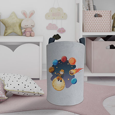 MEKTA HOME BEBEK VE ÇOCUK ODASI Astronot Çocuk ve Gezegen Desenli Oyuncak Sepeti