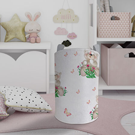 MEKTA HOME BEBEK VE ÇOCUK ODASI Ayıcık ve Çiçek Desenli Oyuncak Sepeti