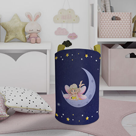 MEKTA HOME BEBEK VE ÇOCUK ODASI Ay Üzerinde Uçan Peri Kız Desenli Oyuncak Sepeti