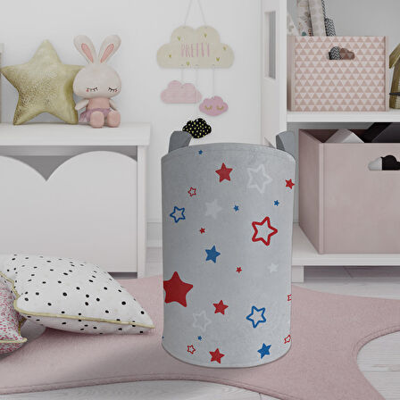 MEKTA HOME BEBEK VE ÇOCUK ODASI Mavi Kırmızı Yıldız Desenli Oyuncak Sepeti