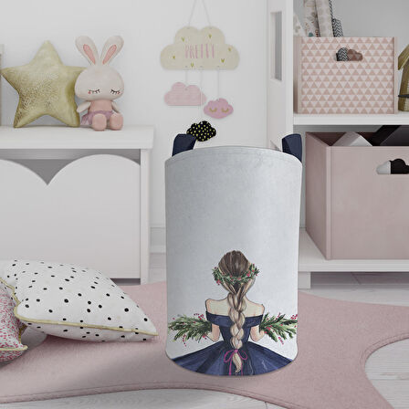 MEKTA HOME BEBEK VE ÇOCUK ODASI Örgülü Saçlı Çiçekli Kız Desenli Oyuncak Sepeti