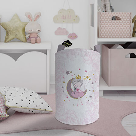 MEKTA HOME BEBEK VE ÇOCUK ODASI Ay Üzerinde Oturan Kız Desenli Motifli Oyuncak Sepeti
