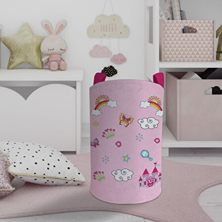 MEKTA HOME BEBEK VE ÇOCUK ODASI Gökkuşağı ve Bulut Desenli Pembe Oyuncak Sepeti