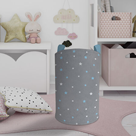MEKTA HOME BEBEK VE ÇOCUK ODASI Mavi ve Beyaz Yıldız Desenli Çerçeveli Oyuncak Sepeti