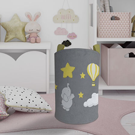 MEKTA HOME BEBEK VE ÇOCUK ODASI Fil Yıldız ve Uçan Balon Desenli Oyuncak Sepeti