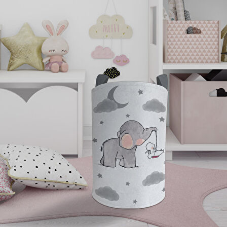 MEKTA HOME BEBEK VE ÇOCUK ODASI Tavşan Taşıyan Fil Desenli Oyuncak Sepeti 