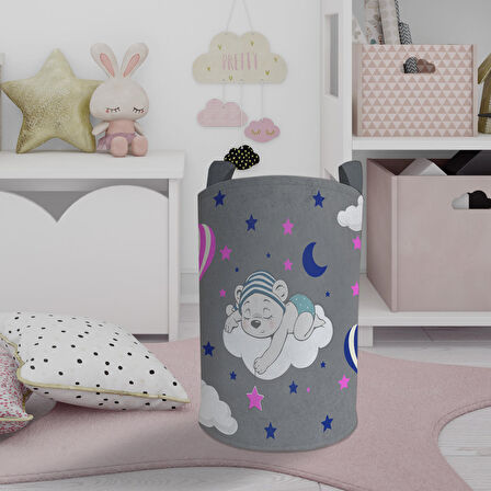 MEKTA HOME BEBEK VE ÇOCUK ODASI Bulut Üzerinde Uyuyan Sevimli Ayı Desenli Gri Oyuncak Sepeti