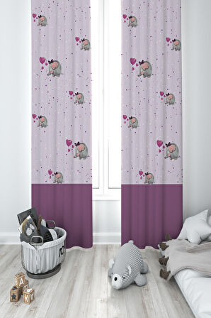 MEKTA HOME BEBEK VE ÇOCUK ODASI Mor Fil Desenli 2 Kanat Fon Perde