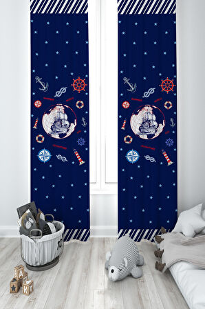 MEKTA HOME BEBEK VE ÇOCUK ODASI Denizci Gemi Desenli 2 Kanat Fon Perde