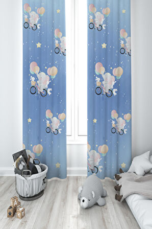 MEKTA HOME BEBEK VE ÇOCUK ODASI Bisiklet ve Yavru Fil Desenli 2 Kanat Fon Perde