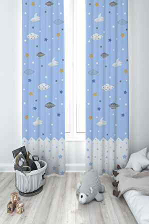 MEKTA HOME BEBEK VE ÇOCUK ODASI Bulut ve Yıldız Desenli 2 Kanat Fon Perde