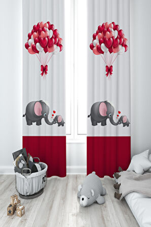 MEKTA HOME BEBEK VE ÇOCUK ODASI Fil ve Kalp Desenli 2 Kanat Fon Perde